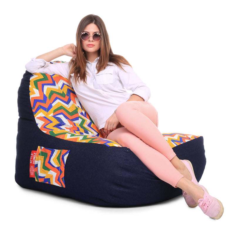 Style Homez Urban Design Denim Canvas Geometric Printed Chair Bean Bag XXL Size Filled with Beans Fillers