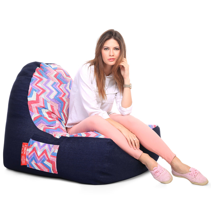 Style Homez Urban Design Denim Canvas Geometric Printed Chair Bean Bag XXL Size Filled with Beans Fillers