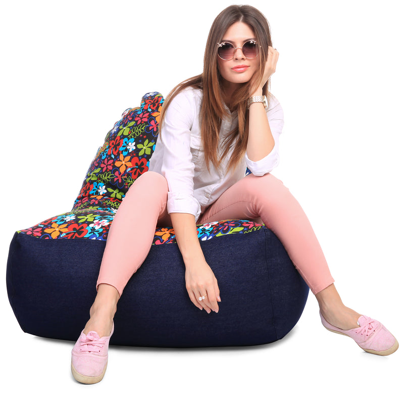 Style Homez Urban Design Denim Canvas Floral Printed Chair Bean Bag XXL Size Cover Only