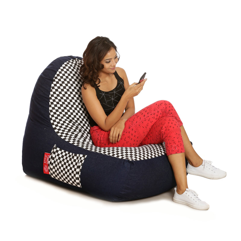 Style Homez Urban Design Denim Canvas Checkered Printed Chair Bean Bag XXL Size Filled with Beans Fillers
