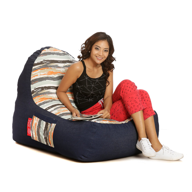 Style Homez Urban Design Denim Canvas Stripes Printed Bean Bag XXL Size Filled with Beans Fillers