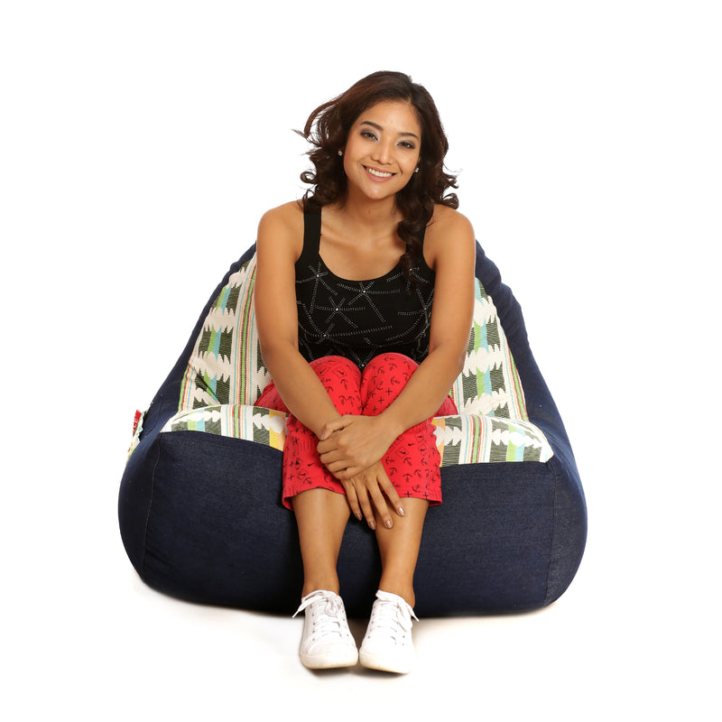 Style Homez Urban Design Denim Canvas IKAT Printed Bean Bag XXL Size Filled with Beans Fillers