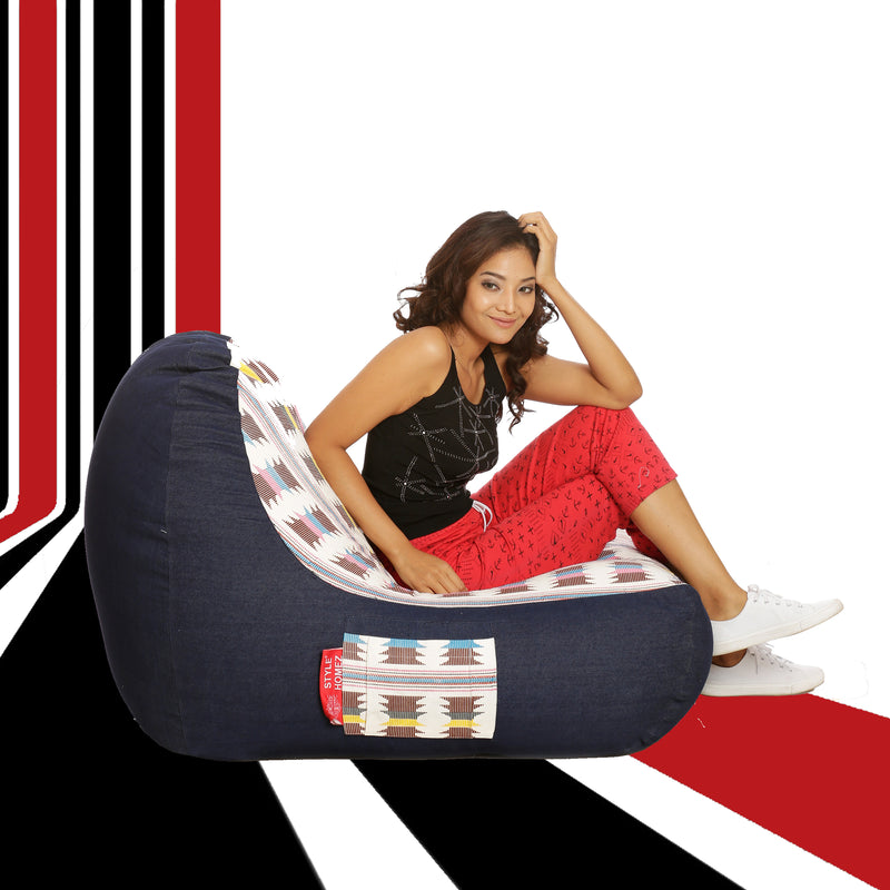 Style Homez Urban Design Denim Canvas IKAT Printed Bean Bag XXL Size Filled with Beans Fillers
