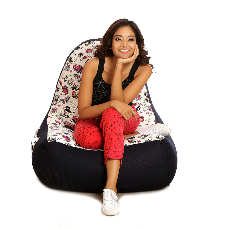 Style Homez Urban Design Denim Canvas Abstract Printed Bean Bag XXL Size Filled with Beans Fillers