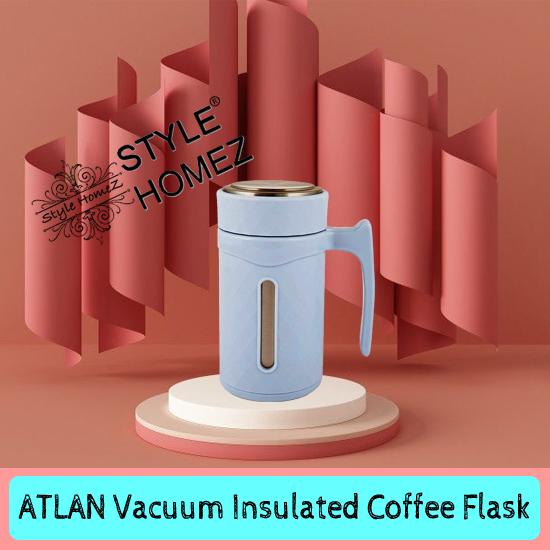 Style Homez ATLAN Double Wall Stainless Steel Vacuum Insulated Coffee Flask With Handle and Strainer Sky Blue Color 350 ml Hot n Cold Sipper