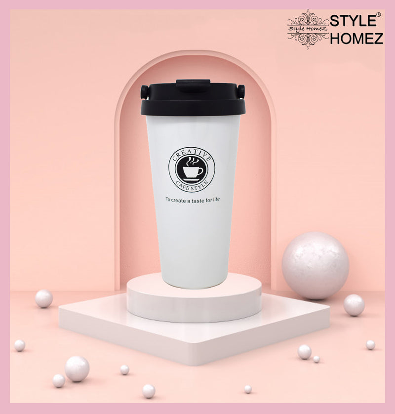 Style Homez STAX-PRO Coffee Tumbler, Double Wall Stainless Steel Vacuum Insulated With Safety Lock, White Color 500 ml Hot n Cold