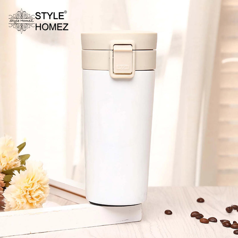 Style Homez STAX Tumbler, Double Wall Stainless Steel Vacuum Insulated Coffee Flask With Safety Lock Sipper, White Color 300 ml Hot n Cold