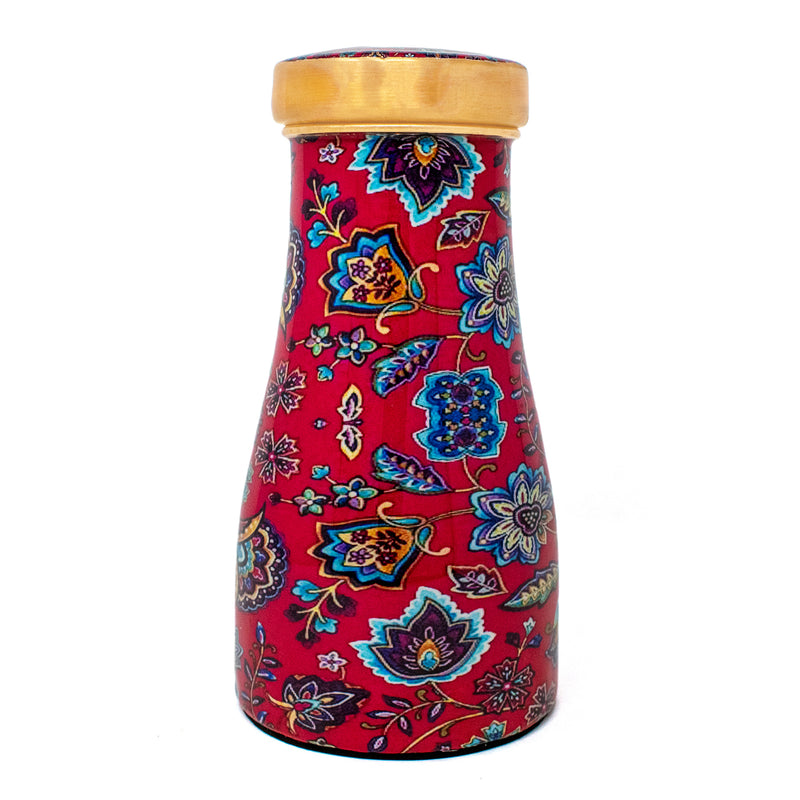 Style Homez Pure Copper Bedroom Bottle 1100 ML, Handmade Red Florals Meena Print Design with 200 ml Inbuilt Glass