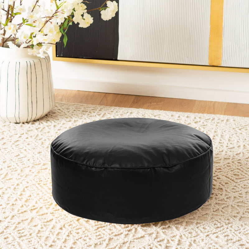 Style Homez Premium Leatherette Large Classic Round Floor Cushion Black Color Filled with Beans Fillers