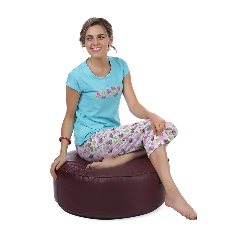 Style Homez Premium Leatherette Large Classic Round Floor Cushion Maroon Color Filled with Beans Fillers