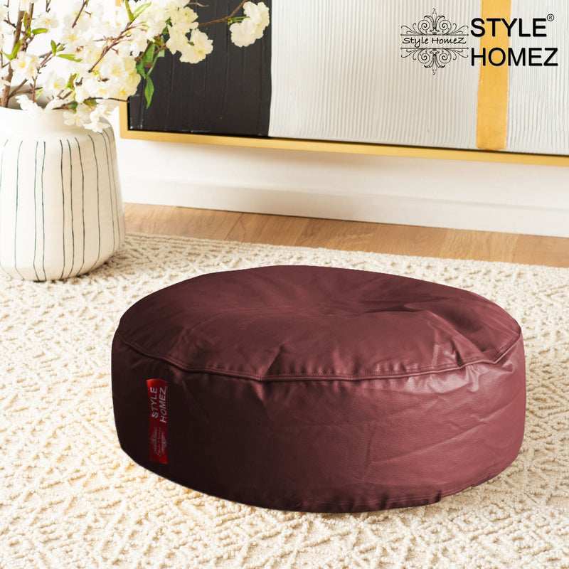 Style Homez Premium Leatherette XL Classic Round Floor Cushion Maroon Color, Filled with Beans Fillers