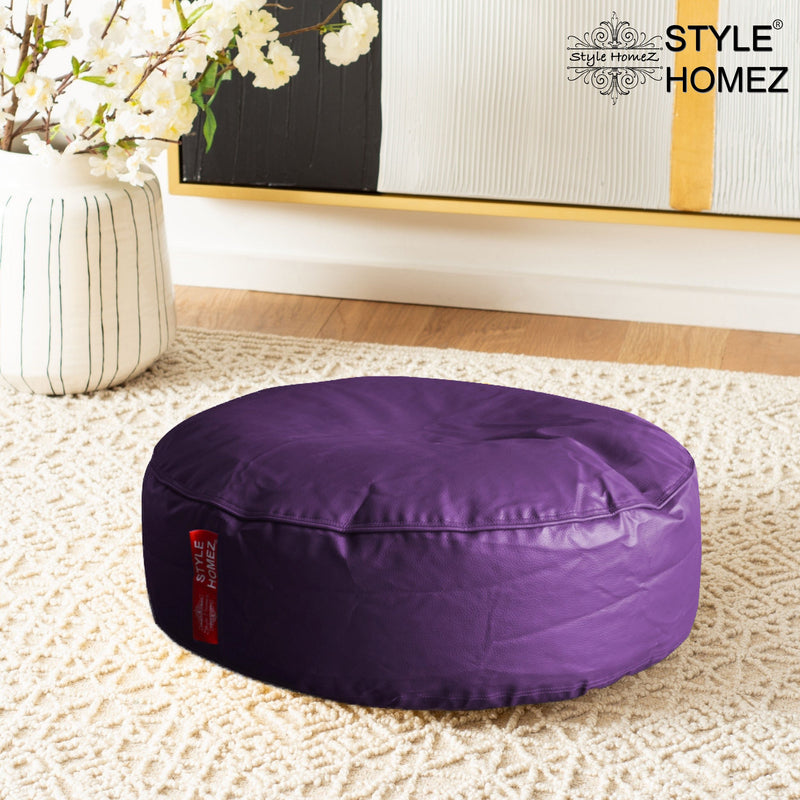 Style Homez Premium Leatherette XL Classic Round Floor Cushion Purple Color, Filled with Beans Fillers