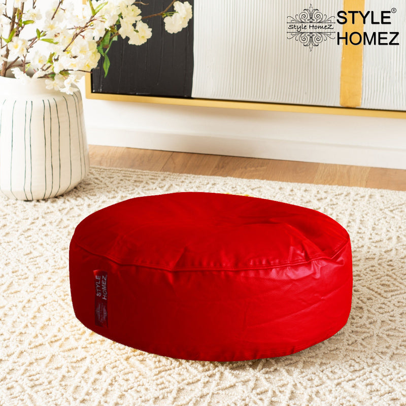 Style Homez Premium Leatherette XL Classic Round Floor Cushion Red Color, Filled with Beans Fillers