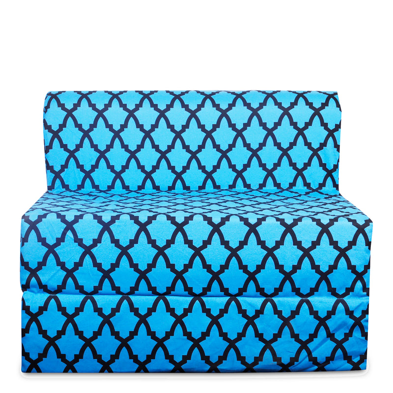 Style Homez DappeR Foldable Sofa Cum Bed, 3' x 6' Feet Premium Cotton Canvas Fabric Azure Blue Black Moroccan Design