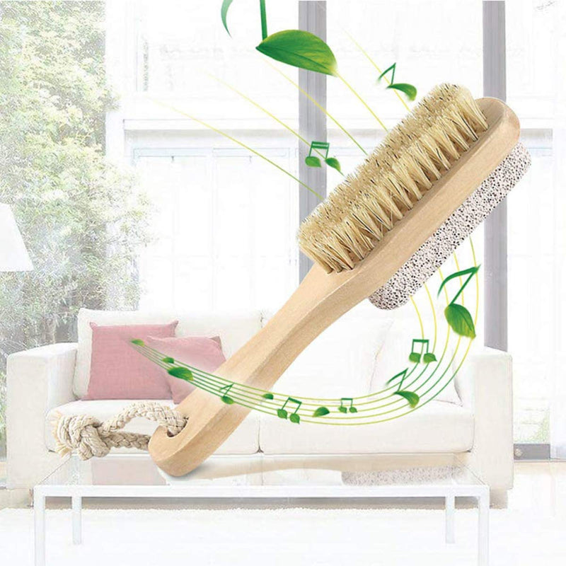 Style Homez PURE,  Exfoliating Dry Brush Loofah and Pumice Stone Foot Scrubber with Mini Bamboo Handle 18 cm, Bath Essentials with Natural Bristles in Natural Wood Color
