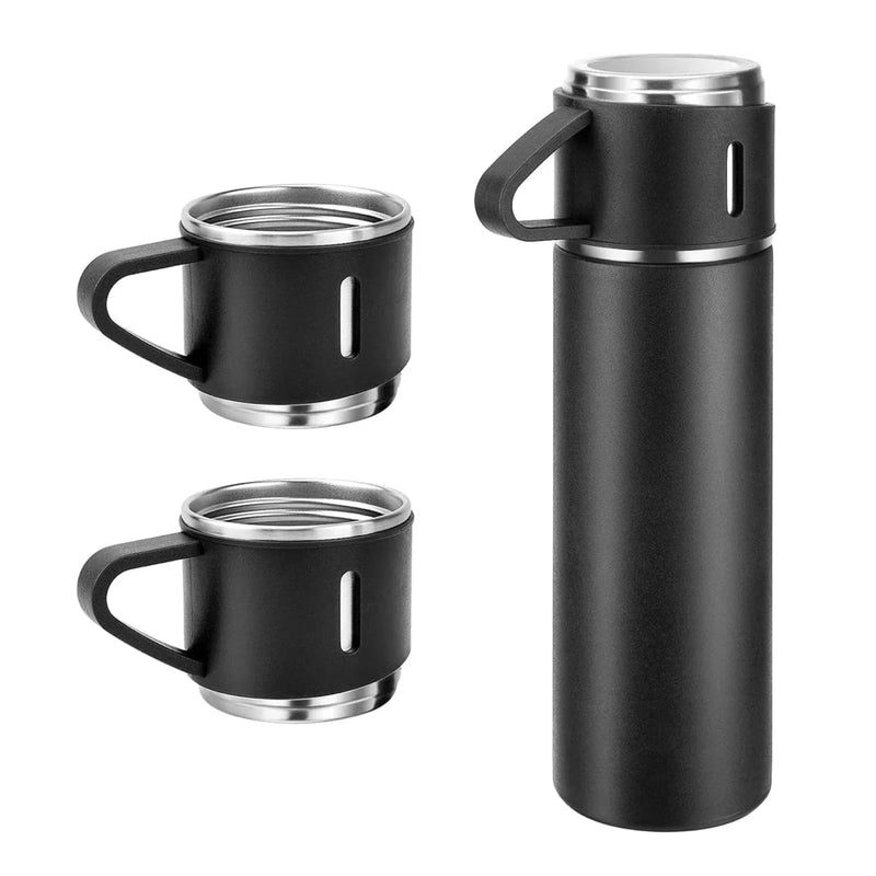 Style Homez TRIPLEE, Stainless Steel Vacuum Insulated Flask with Set of 3 Cups Hot & Cold 12 Hours BPA Free Thermos 500 ml, Black Color