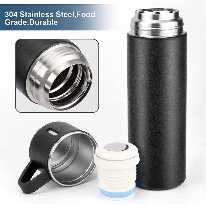 Style Homez TRIPLEE, Stainless Steel Vacuum Insulated Flask with Set of 3 Cups Hot & Cold 12 Hours BPA Free Thermos 500 ml, Black Color