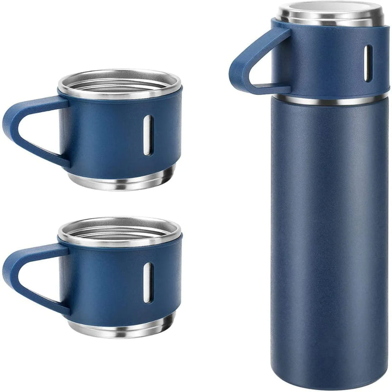 Style Homez TRIPLEE, Stainless Steel Vacuum Insulated Flask with Set of 3 Cups Hot & Cold 12 Hours BPA Free Thermos 500 ml, Blue Color