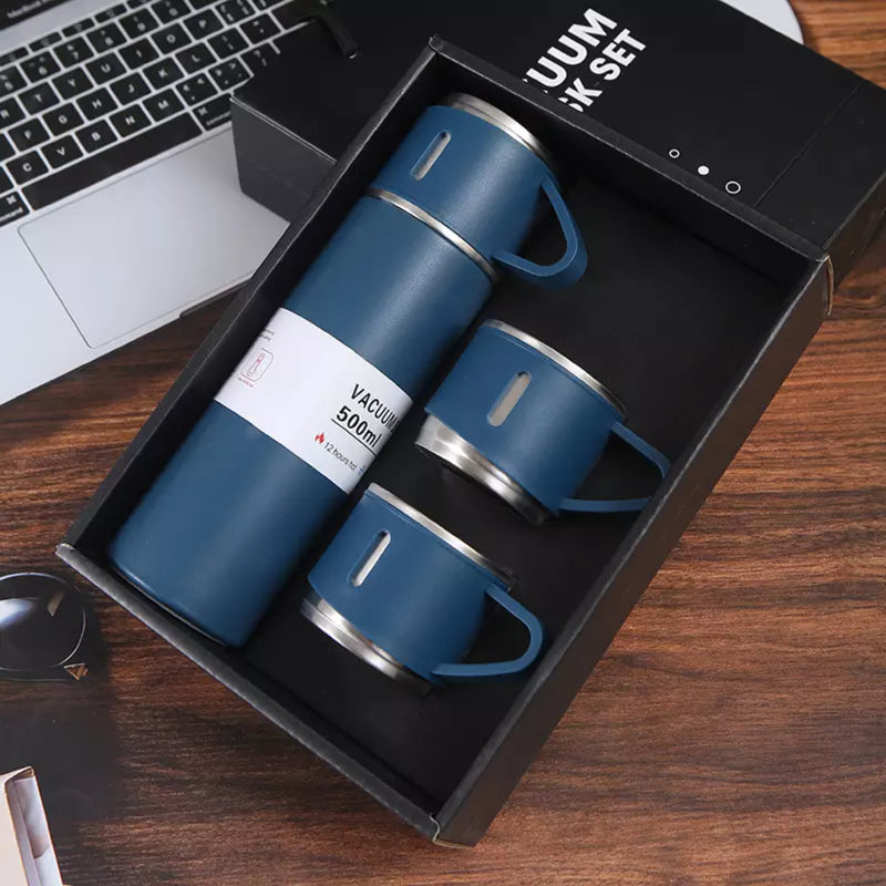 Style Homez TRIPLEE, Stainless Steel Vacuum Insulated Flask with Set of 3 Cups Hot & Cold 12 Hours BPA Free Thermos 500 ml, Blue Color