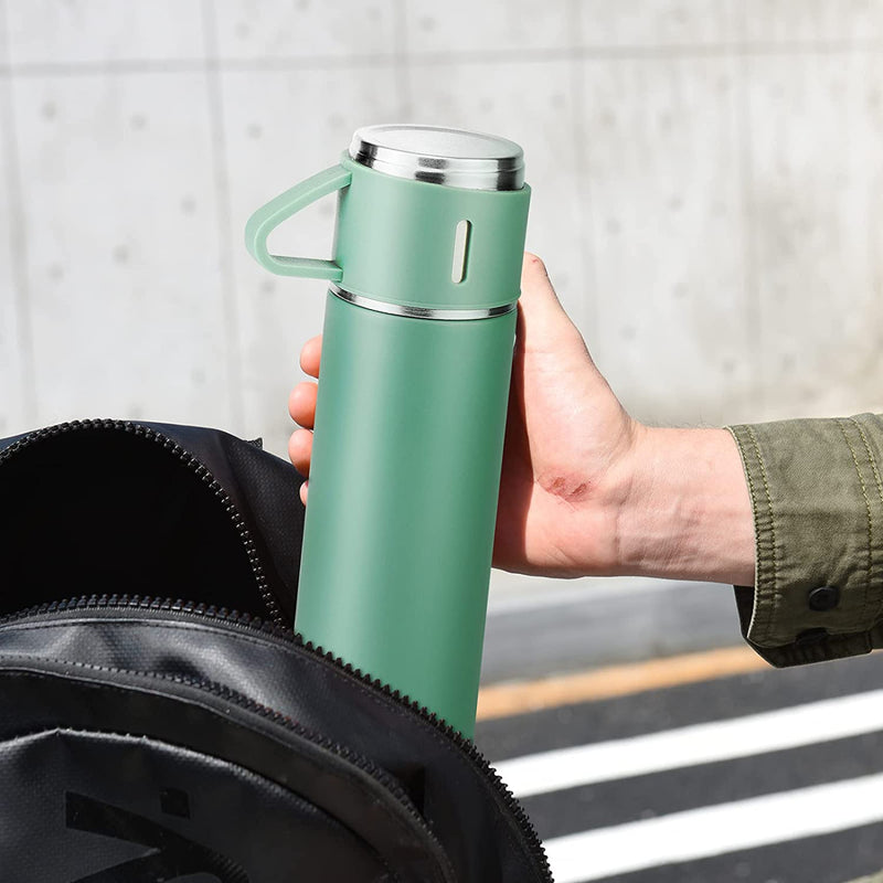 Style Homez TRIPLEE, Stainless Steel Vacuum Insulated Flask with Set of 3 Cups Hot & Cold 12 Hours BPA Free Thermos 500 ml, Noir Green Color