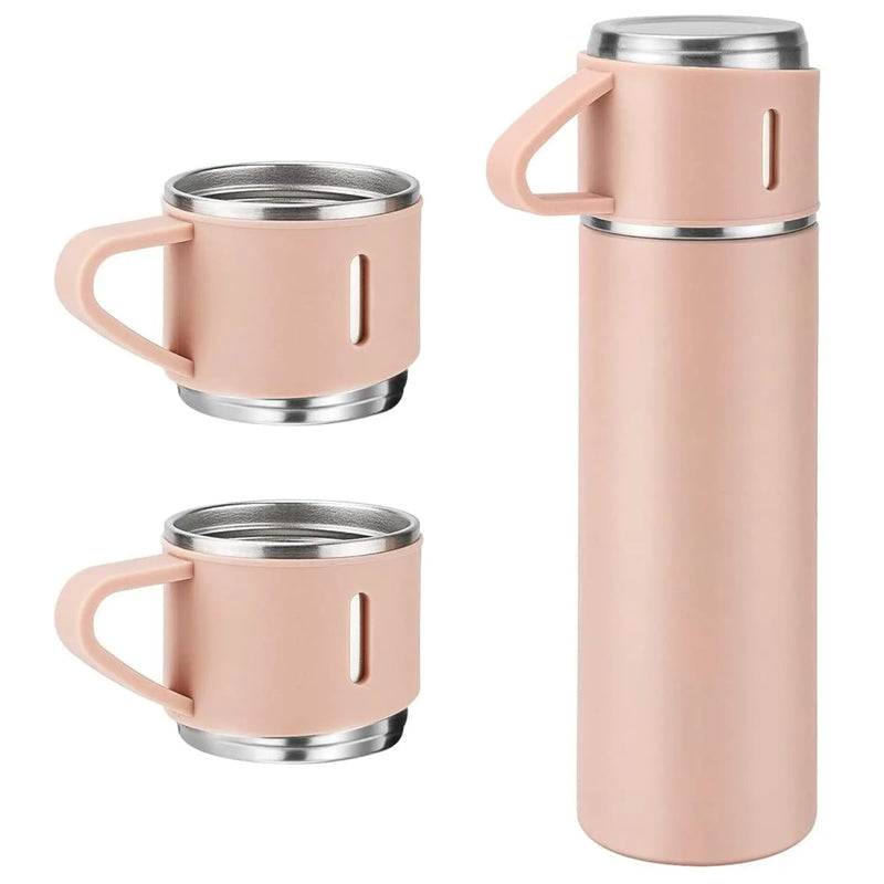Style Homez TRIPLEE, Stainless Steel Vacuum Insulated Flask with Set of 3 Cups Hot & Cold 12 Hours BPA Free Thermos 500 ml, Pink Color