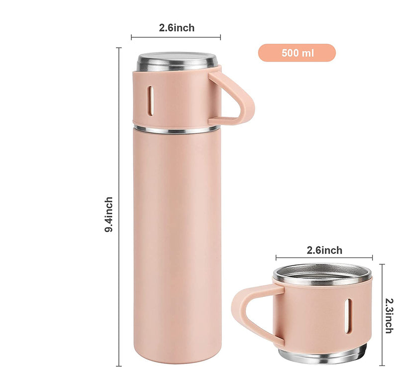 Style Homez TRIPLEE, Stainless Steel Vacuum Insulated Flask with Set of 3 Cups Hot & Cold 12 Hours BPA Free Thermos 500 ml, Pink Color