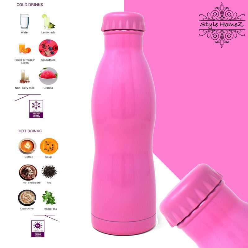 Style Homez HYDRO, Double Wall Vacuum Insulated Stainless Steel Flask BPA Free Thermos Travel Water Bottle Sipper 500 ml - Hot and Cold 12 Hours, Pink Color