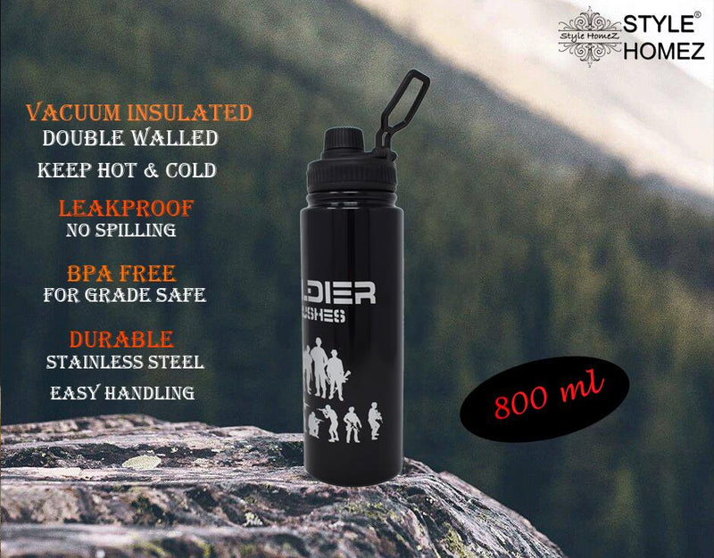 Style Homez RUGGED SOLDIER Flask, Vacuum Insulated Thermosteel Bottle Stainless Steel BPA Free Two Later, Black Color 800 ml