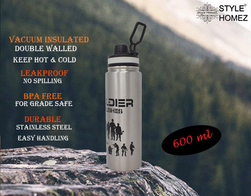 Style Homez RUGGED SOLDIER Flask, Vacuum Insulated Thermosteel Bottle Stainless Steel BPA Free Two Later, Silver Color 600 ml