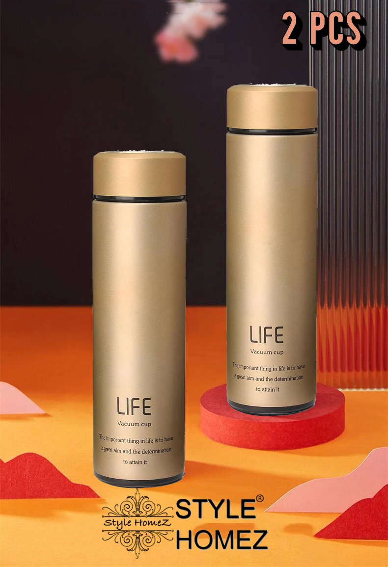 Style Homez Double Wall Vacuum Insulated Stainless Steel LIFE Flask BPA Free Thermos Travel Water Bottle Sipper 480 ml Hot and Cold 12 Hours Champagne Gold Color Set of 2