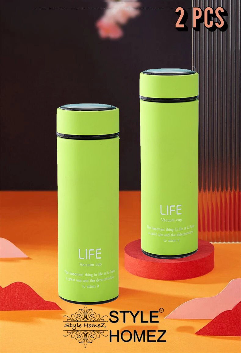 Style Homez Double Wall Vacuum Insulated Stainless Steel LIFE Flask BPA Free Thermos Travel Water Bottle Sipper 480 ml Hot and Cold 12 Hours Lime Green Color Set of 2