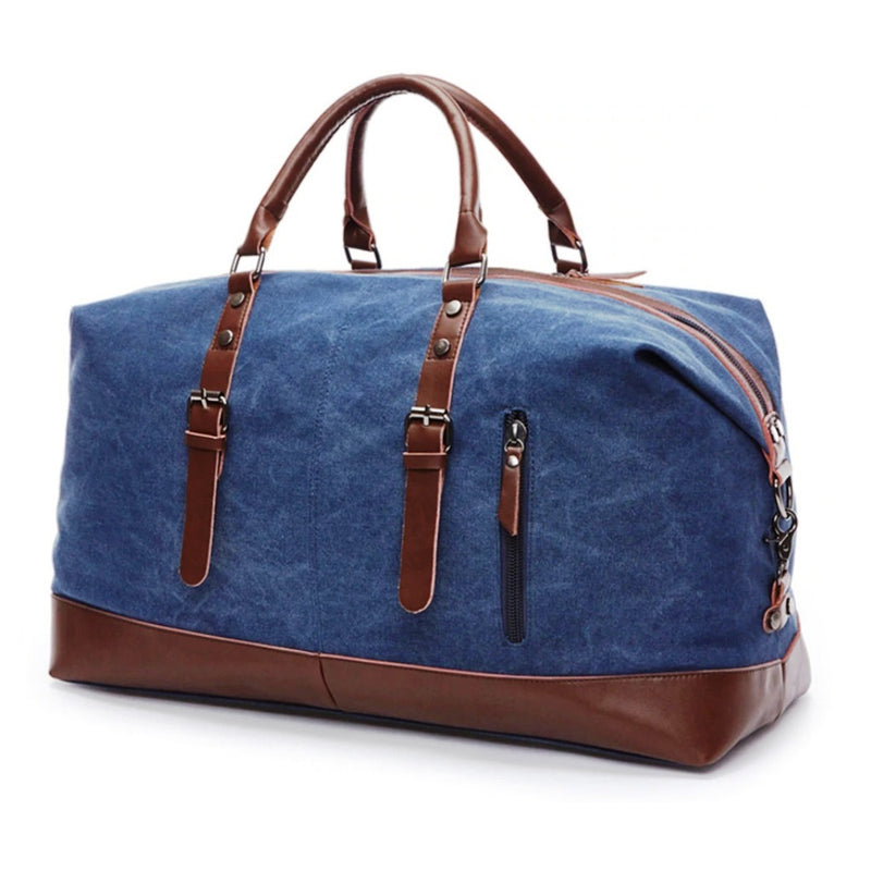 Style Homez AMERICAN Pure Leather Canvas Weekender Duffle Over Size Luggage Bag  Vintage Style 45 Litres Royal Blue Color (For Men and Women)