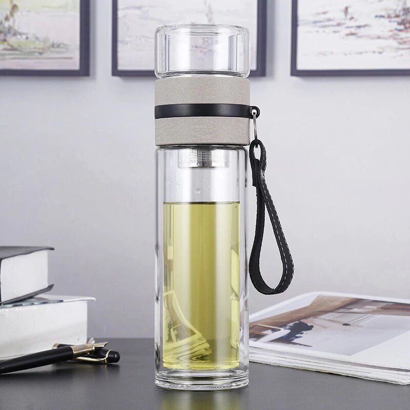 Style Homez INFUZE PLUS, Insulated Borosilicate Glass Bottle with TEA & FRUIT Infuser, 400 ml with Inbuilt Cup and Mesh Filter Beige Color