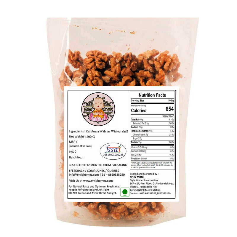 Spicy Monk California Walnut Kernel Halves 0.20 kg (200 gms), Grade-A Akhrot Giri