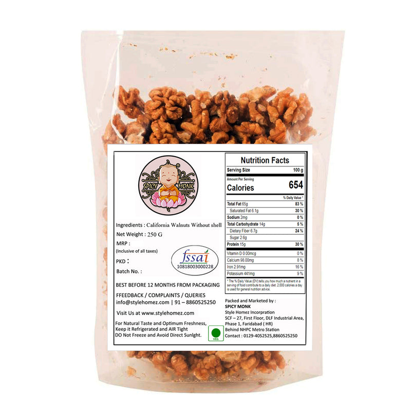 Spicy Monk California Walnut Kernel Halves 0.25 kg (250 gms), Grade-A Akhrot Giri