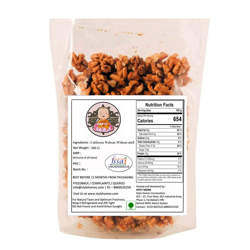 Spicy Monk California Walnut Kernel Halves 0.5 kg (500 gms), Grade-A Akhrot Giri