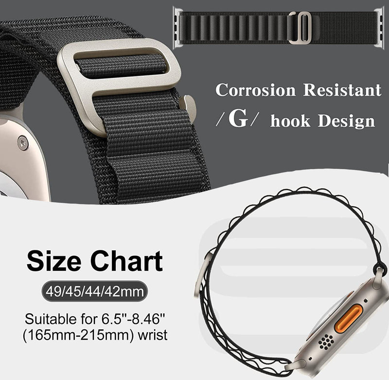 TXOR Rugged Alpine Loop Band Strap for Smart Watches 42/44/45/46/49 mm with Metal G Hook, Black Color