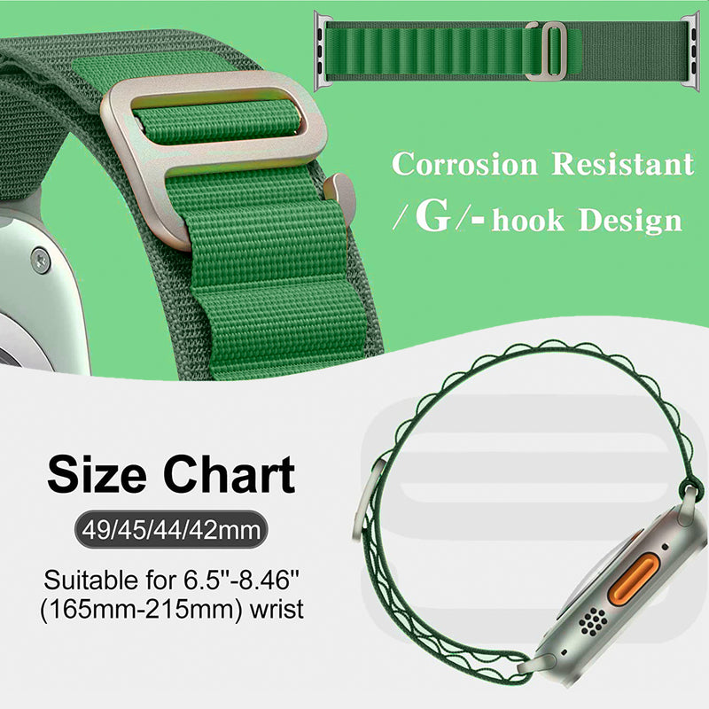 TXOR Rugged Alpine Loop Band Strap for Smart Watches 42/44/45/46/49 mm with Metal G Hook, Green Color