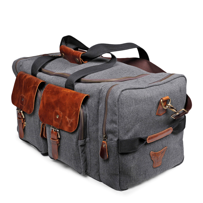 TXOR MANCHESTER, Pure Leather Canvas Weekender Duffel Bag, Tendy Western Luggage Overnight 40 Litres FIORD GREY Color