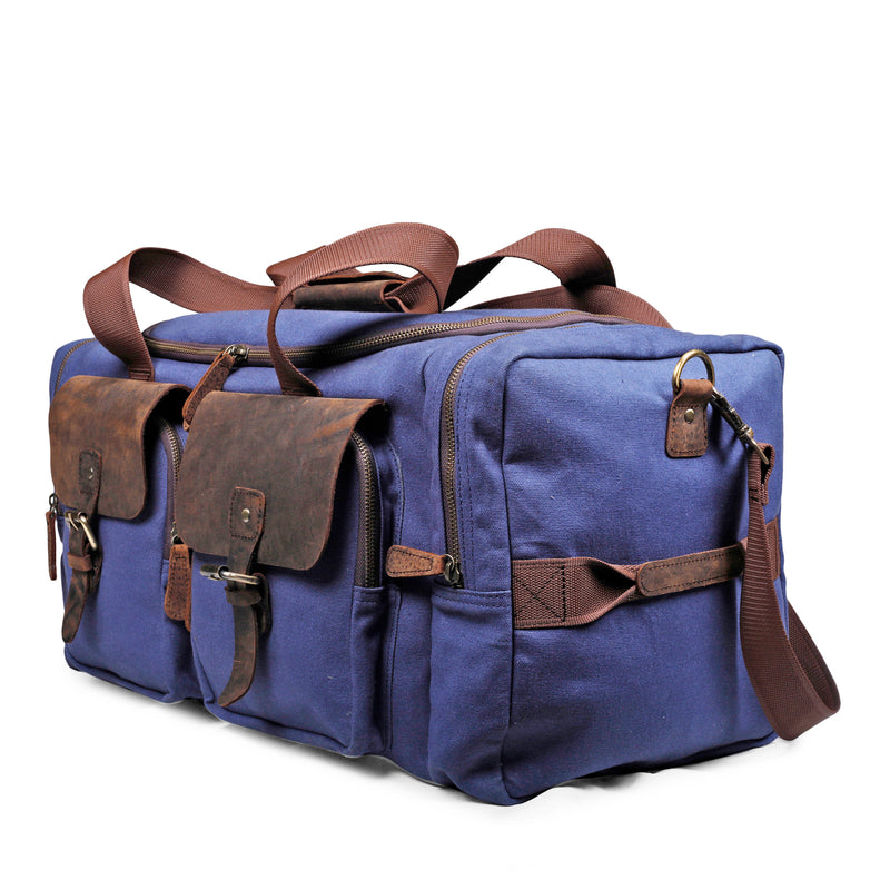 TXOR MANCHESTER, Pure Leather Canvas Weekender Duffel Bag, Tendy Western Luggage Overnight 40 Litres NAVY BLUE Color