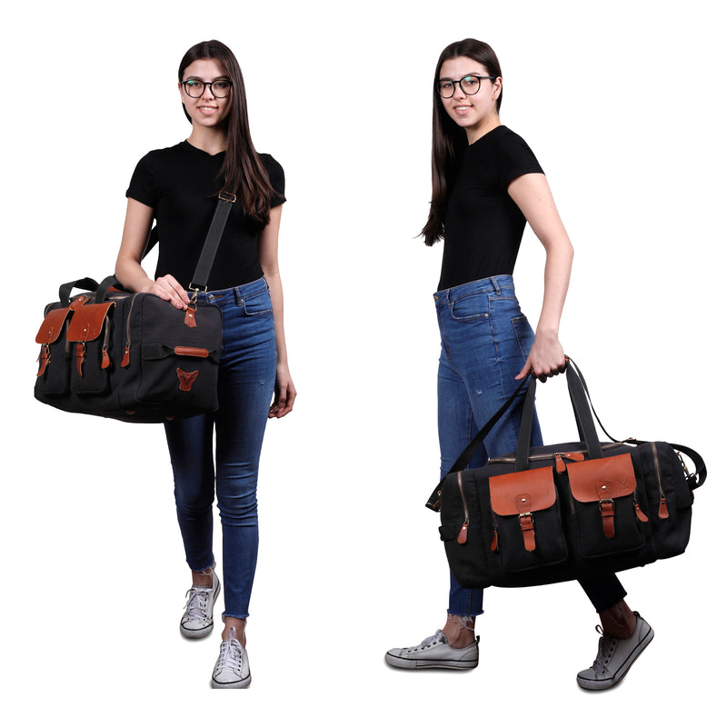 TXOR MANCHESTER, Pure Leather Canvas Weekender Duffel Bag, Trendy Western Luggage Overnigter 40 Litres SABLE BLACK Color